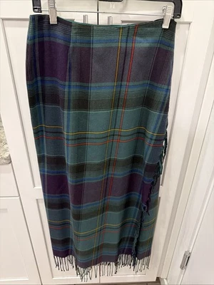 Ralph Lauren Size 12 Green & Purple Tartan Plaid Fringe Wool Wrap Maxi Skirt - Image 1 of 4
