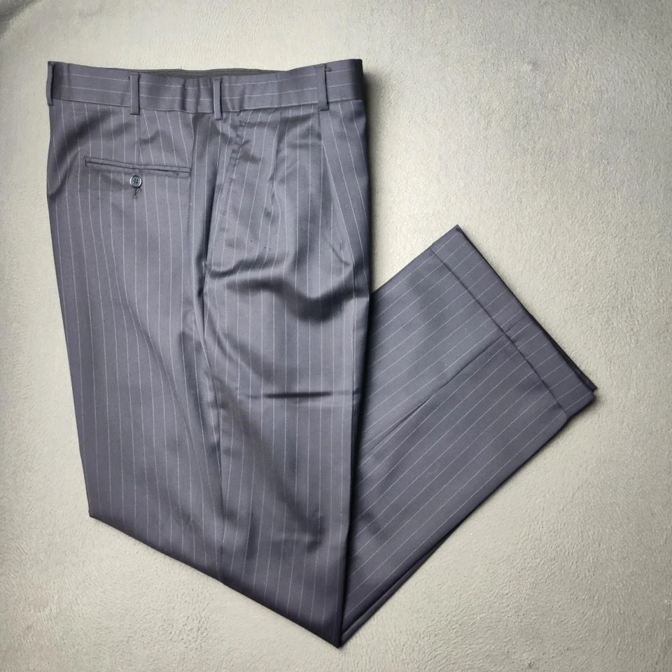Pantalones Brooks Brothers 1818 Madison para hombre 36x30 azul a rayas lana plisada puños Foto 1 de 4