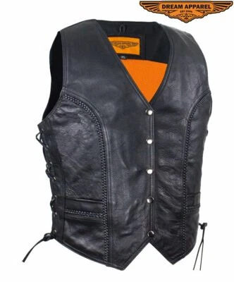 Womens Longer Black Leather Vest Concealed Pockets With Braid Adjustable Fit - Image 1 of 4
