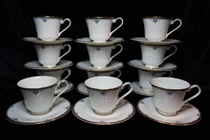 ROYAL DOULTON PRINCETON BLUE SCROLLS BLACK BAND GOLD TRIM 12 FOOTED CUP & SAUCER - Picture 1 of 9