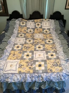 Twin Ruffled Quilted Bedspread Blue Patchwork Embroidered 3 Tier Drop & Sham - Picture 1 of 8