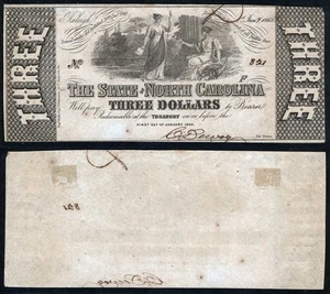 1863 $3 North Carolina Obsolete Confederate Note NCCR130 S/N 821 AU - Picture 1 of 1