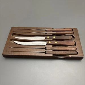 Vintage Robinson Serrated Steak Knives Stainless Steel USA Wood Handles Set 6 - Picture 1 of 9