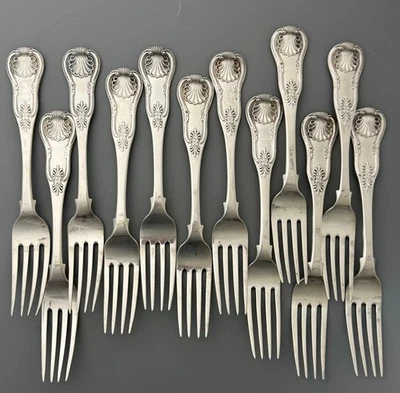 Set 12 American Coin Silver Dinner Forks King's Pattern JB Jones Boston MA c1830 - Image 1 of 4