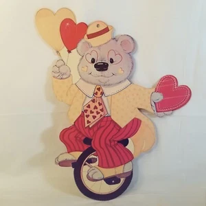 Vintage Día de San Valentín Troquelado Oso Monociclo Decoración Flocado 1987 Corazón - Imagen 1 de 4