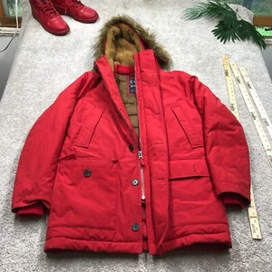 Gap Puffer Mens Medium Red Water Resistant Hooded Parka Fur Hood Upcycled - Picture 1 of 7