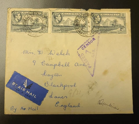 Gibraltar KGVI Cover 3 Stamps with The Rock North Side Passed Censor A Company Cover