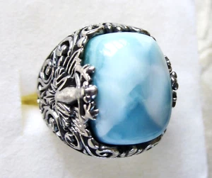 Larimar & Silver Frog Ring / size 7 / 925 Sterling Silver / 13.5 cts,  10.4 g - Picture 1 of 6