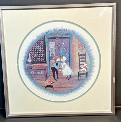 Litografía enmarcada P Buckley Moss "Under The Mistletoe" con certificado de autenticidad Foto 1 de 4