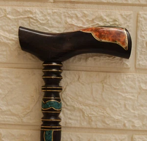 Ebony Wood Walking Cane, Handmade 36" Malachite and Amber Inlay Stick, 93 cm - Picture 1 of 5