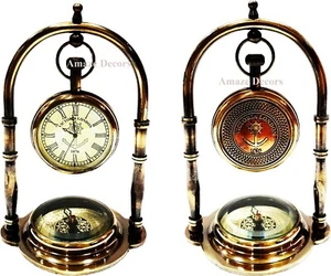 Nautical Brass Table/Desk Clock With Brass Compass Antique Pocket Watch - Picture 1 of 5