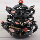 Vtg Xmas Reindeer Stacking Tea Pot Creamer Sugar Bowl Deer Japan Redware Ceramic