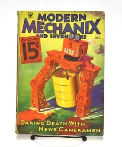 VINTAGE DEC 1933 MODERN MECHANIX MAGAZINE WALKING CRANE IN WATER GREAT COVER ART - Foto 1 di 4