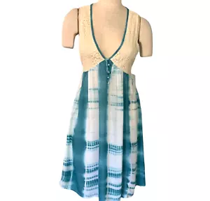 And Or Vogue Mixed Media Tie Dye Plaid/Lace Sleeveless V-Neck Dress L Teal 19607 - Picture 1 of 8