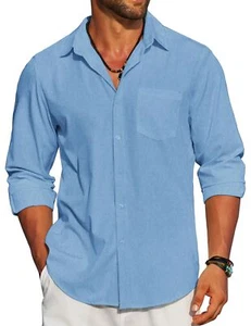 Men's Linen Long Sleeve Shirt Casual Button-Down Chambray Untucked Pocket - Picture 1 of 6