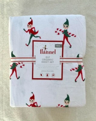 Juego de sábanas gemelas orgánicas de franela para niños Pottery Barn rojo verde Navidad Santa Foto 1 de 2