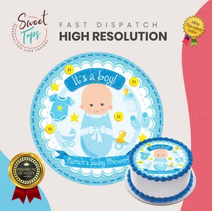 BOYS BABY SHOWER EDIBLE ROUND BIRTHDAY CAKE TOPPER DECORATION PERSONALISED - Picture 1 of 1