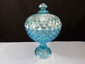 Westmoreland Ice Blue Carnival Glass Sawtooth Covered Footed Candy Dish 10" Tall - Picture 1 of 11