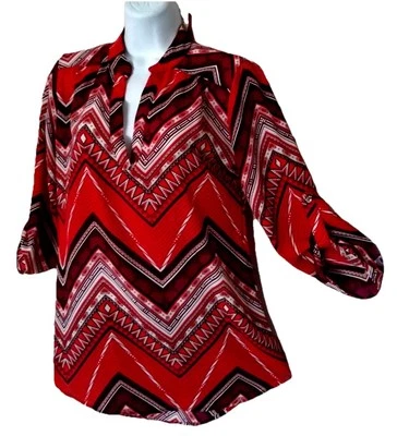 Rue 21 Top S Silky Red Aztec Hippie Chevron Tab sleeve flowy popover Tunic Shirt - Image 1 of 4