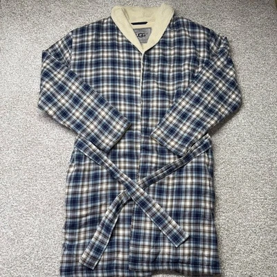 Men's UGG Kalib Blue Brown Cream Plaid Sherpa-Lined Fleece Pocketed Robe Size L - Image 1 of 4