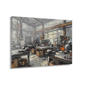 Industrial Rhythm: Abstract Impasto Factory Workshop Acrylic Panel - Picture 1 of 11