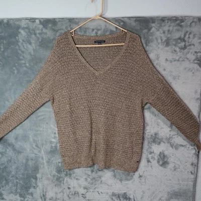 Suéter American Eagle Para Mujer Grande Taupe Cuello en V Tejido Abierto Mezcla de Lana Pullover Foto 1 de 4