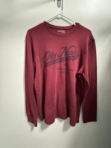 Vtg Old Navy Logo Thermal Shirt Mens Large Burgundy LS Waffle Knit Pullover Y2K - Picture 1 of 9