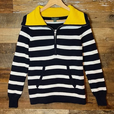 Suéter Lauren Ralph Lauren Azul Blanco Algodón Rayas Cuello Amarillo 1/4 Cremallera Talla S Foto 1 de 4