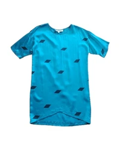 Vintage 80s Sunshine And Shadow 100% Silk Teal Geometric Tshirt Dress Size 2 - Picture 1 of 6