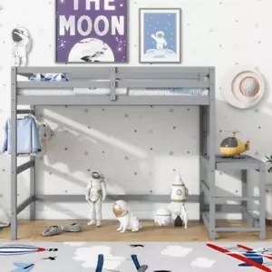 Twin Size High Loft Bed with Ladder landing Platform, Ladders, Guardrails,Grey - Picture 1 of 7