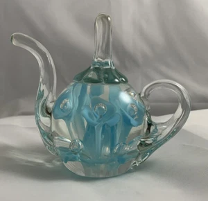 St Clair Teapot Glass Art Paperweight, Ring Holder,   Blue Trumpet Flower - Picture 1 of 2