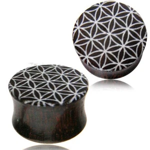PAR TAPONES DE MADERA DE TAMARINDO CORTADOS CON LÁSER FLOR DE LA VIDA INCRUSTACIÓN DE MEDIDORES BLANCOS TÚNELES - Imagen 1 de 1