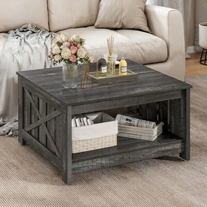 Dark Grey Farmhouse Coffee Table w/ Lift Top Hidden Storage Square Center Table - Picture 1 of 10