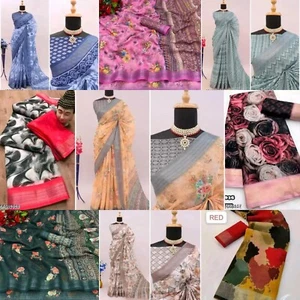 Women's Cotton Linen saree with Running Blouse Piece - Picture 1 of 10
