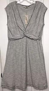 Mystree Dress Women's Med. White Blue Striped Sleeveless Twist Front Knee Length - Picture 1 of 8