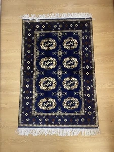 Traditional Hand Made Oriental Wool Dark Blue Small Afghan Rug 145x97cm - Picture 1 of 17