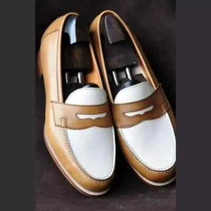 Handmade Men's Light Brown And White Leather Shoes, Slip On Formal Shoes For Men - Picture 1 of 5