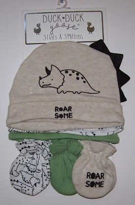 Baby Boys Duck Duck Goose 6 Pc Dinosaur Roarsome Hats & Mittens Layette Set 0-9M - Image 1 of 2