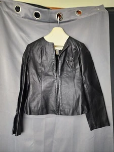 Newport News Womens Black Leather Shirt Blouse Size 14 Jacket Zip Front Priority - Picture 1 of 17
