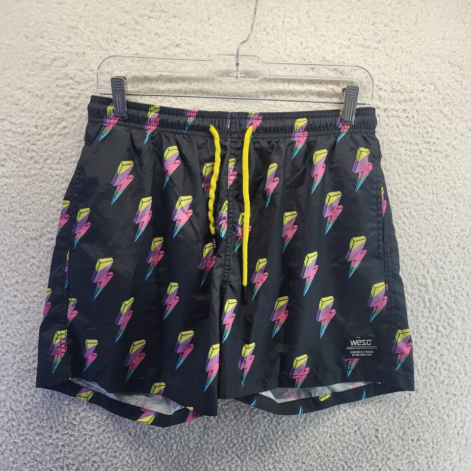 Bañador WESC Para Hombres Pequeño Negro Rayo Pernos Forrados Pantalones Cortos Playa Elástico Foto 1 de 4