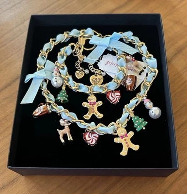 Betsey Johnson Gold Tone Blue Grosgrain Ribbon Holiday Charm Necklace NWT - Image 1 of 4