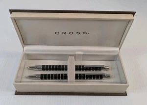 Cross Black & Chrome Striped Ball-Point Pen & 0.9MM Pencil Set At0221-2 - Picture 1 of 4