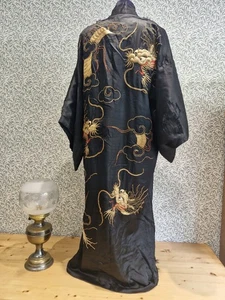 ANTIKER 20er JAHRE KIMONO DRACHEN STICKEREI 3D MORGENMANTEL VINTAGE - Bild 1 von 8