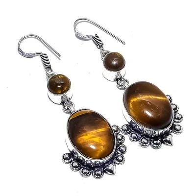 Brinco de prata esterlina 925 pedra preciosa olho de tigre natural 2,2" i638 - Imagem 1 de 4