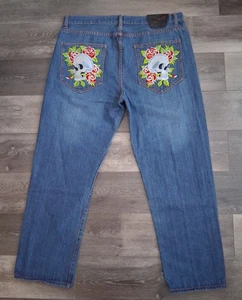 Jeans de mezclilla bordados vintage Ed Hardy x Christian Audigier calavera y rosas 40x32 - Imagen 1 de 15