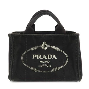 Authentic PRADA Logo Canapa Mini Canvas Tote Bag Hand Bag Black BN2439 Used F/S - Picture 1 of 24
