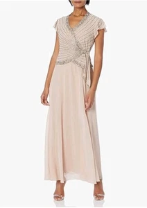 Neu J Kara Kleid Übergröße 22 W Perlen Faux Wickel Champagner Chiffon Hochzeit Mutter  - Bild 1 von 21