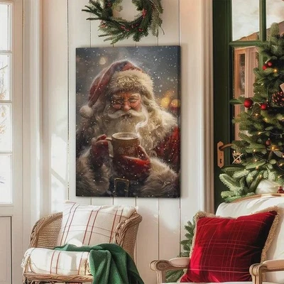 Póster en lienzo de Navidad Papá Noel bebiendo café en la nieve cálido invierno Foto 1 de 4