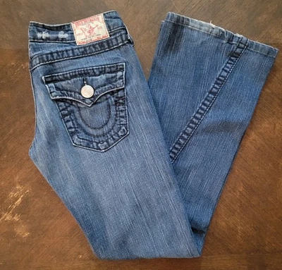 True Religion Joey Big T Jeans Womens Size 28 Flare Low Rise Flap Pockets Retro - Image 1 of 4