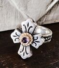 James Avery Rustic Cross 14kt Rope Center Amethyst .925 Lily Cross Ring Sz 7.25
